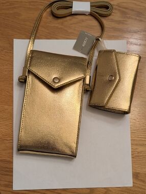 J. Crew Metallic Gold Crossbody Phone Pouch with Matching Card Case
